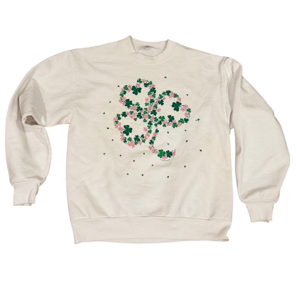 Vtg 90s Jerzees Shamrock Clover Puff Print Sweatshirt Cream Womens M streetwear